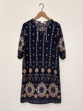 Womens Navy Boho Paisley Floral Shift Dress 3/4 Sleeve Border Print Tunic S XL